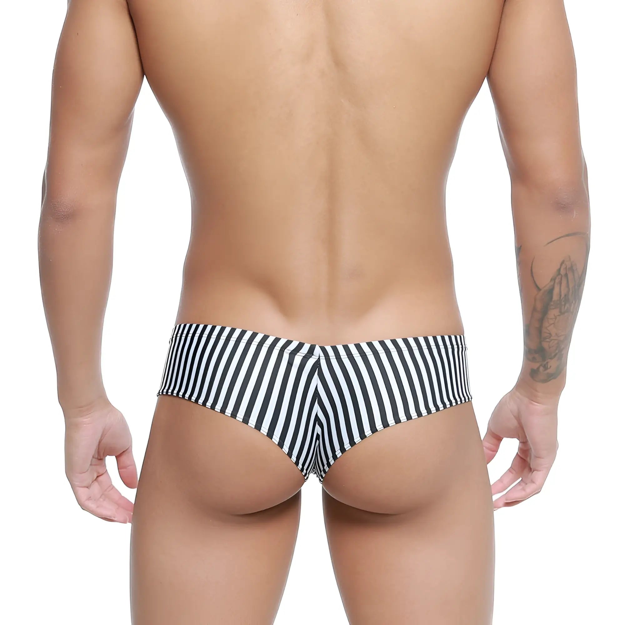 Black and white striped men’s swim trunks with snug tailored fit from metroMalewear micro cheek jail 2027-40 collection