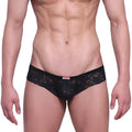 Black lace thong with delicate floral pattern and small red brand tag on waistband from MetroMaleWear Micro Cheek Lace 2027-48