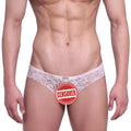 White lace thong with floral pattern and small red brand tag at waistband from MetroMaleWear Micro Cheek Lace Nude 2027-50
