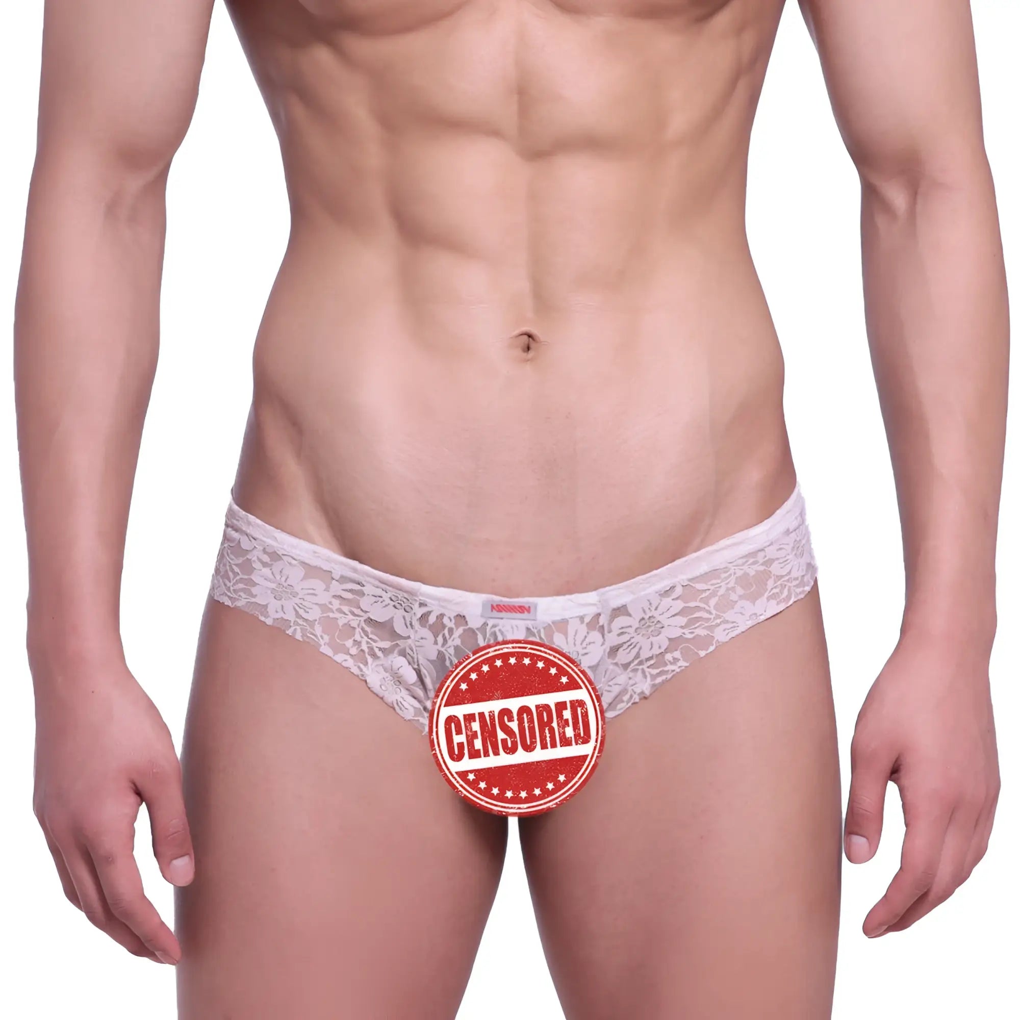 White lace thong with floral pattern and small red brand tag at waistband from MetroMaleWear Micro Cheek Lace Nude 2027-50