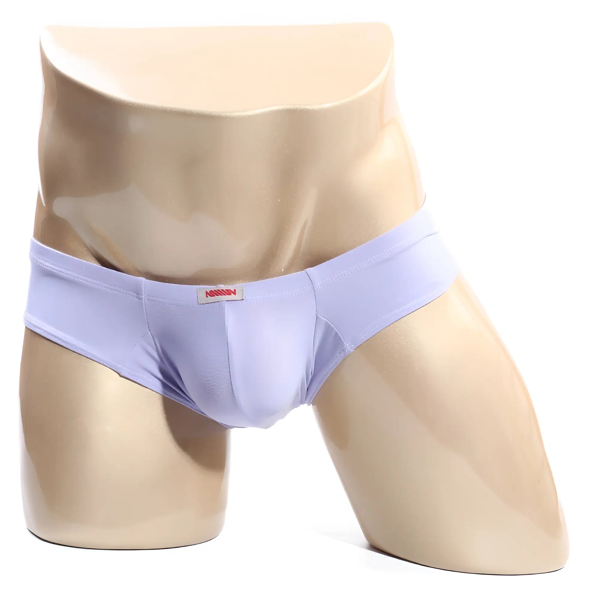 Light purple smooth textured mens briefs with subtle elastic waistband and small red logo tag from MetroMaleWear Micro Cheek