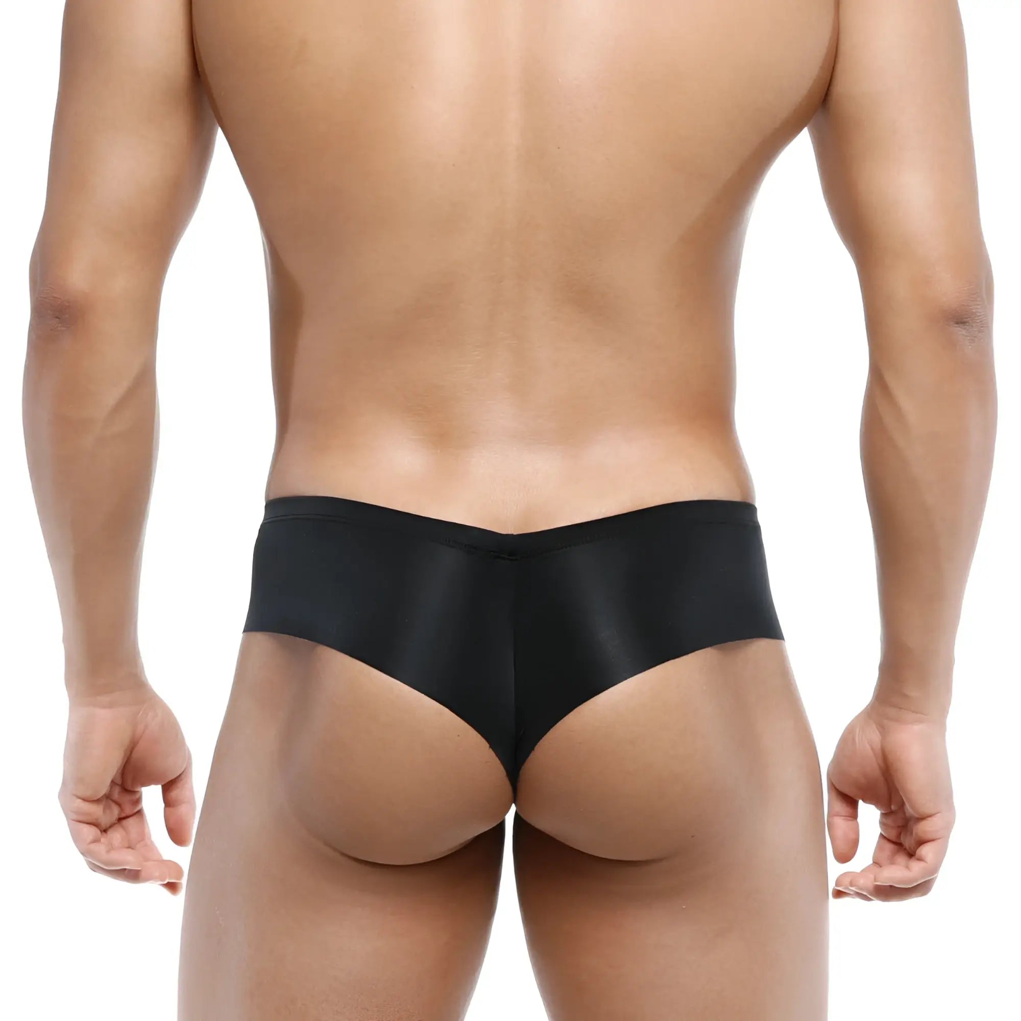 Black satin briefs with a sleek smooth finish from metromalewear micro cheek naked collection 2027-30