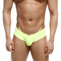 Bright neon yellow mens briefs with a red and white MetroMaleWear brand tag on the waistband for comfortable wear