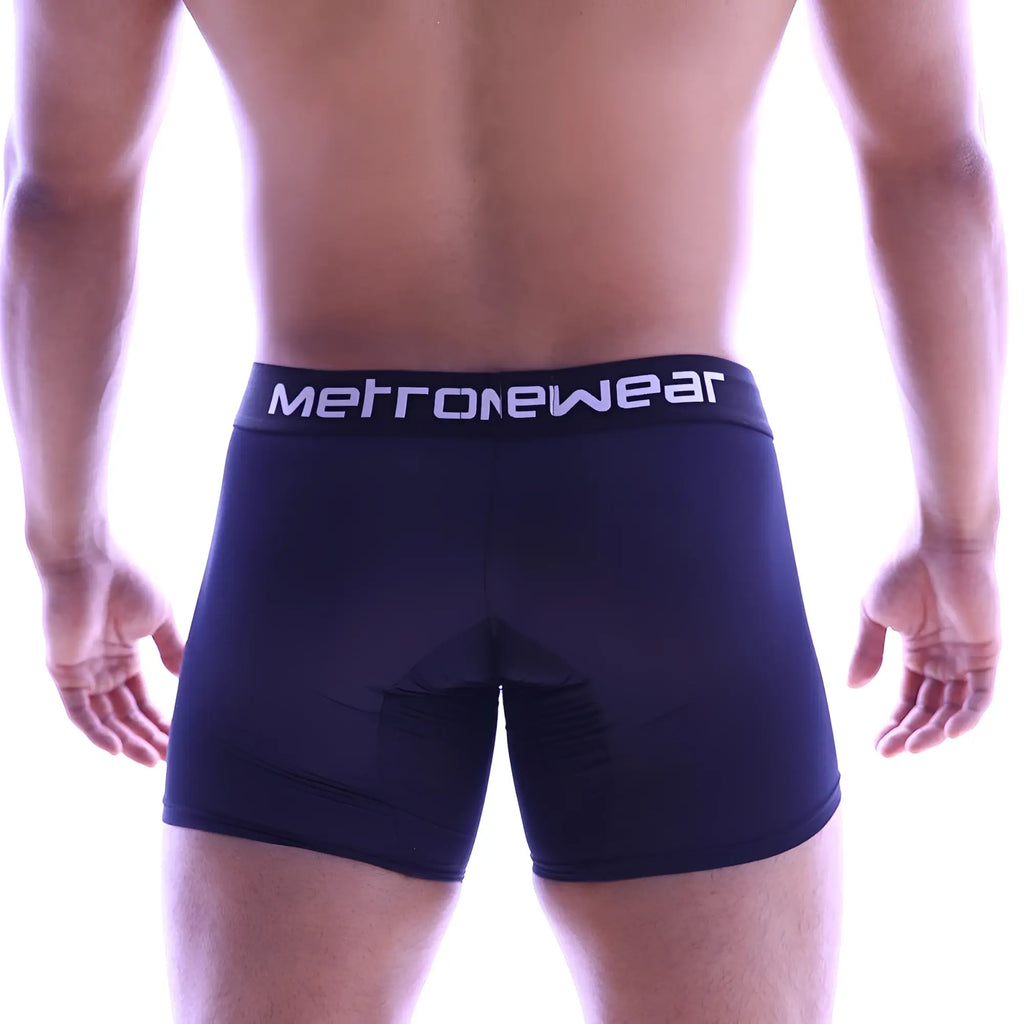 Navy blue metronewear men’s boxer briefs with white logo band and padded rear section showing back side