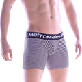 Metro male wear micro long black stripe boxer briefs with navy waistband and white brand name lettering