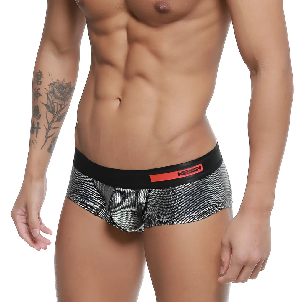 Metro malewear micro mini boxer armour 7013-05 shiny silver mesh briefs with black waistband and red logo