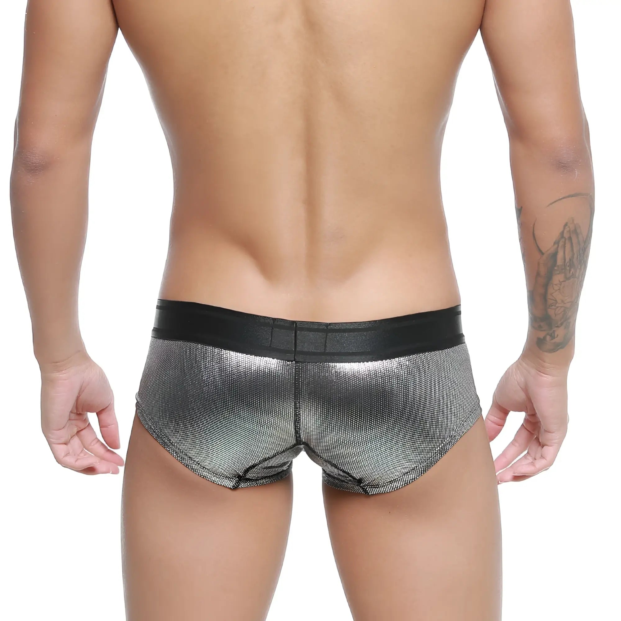MetroMaleWear micro mini boxer armour 7013-05 silver metallic mesh briefs with black elastic waistband