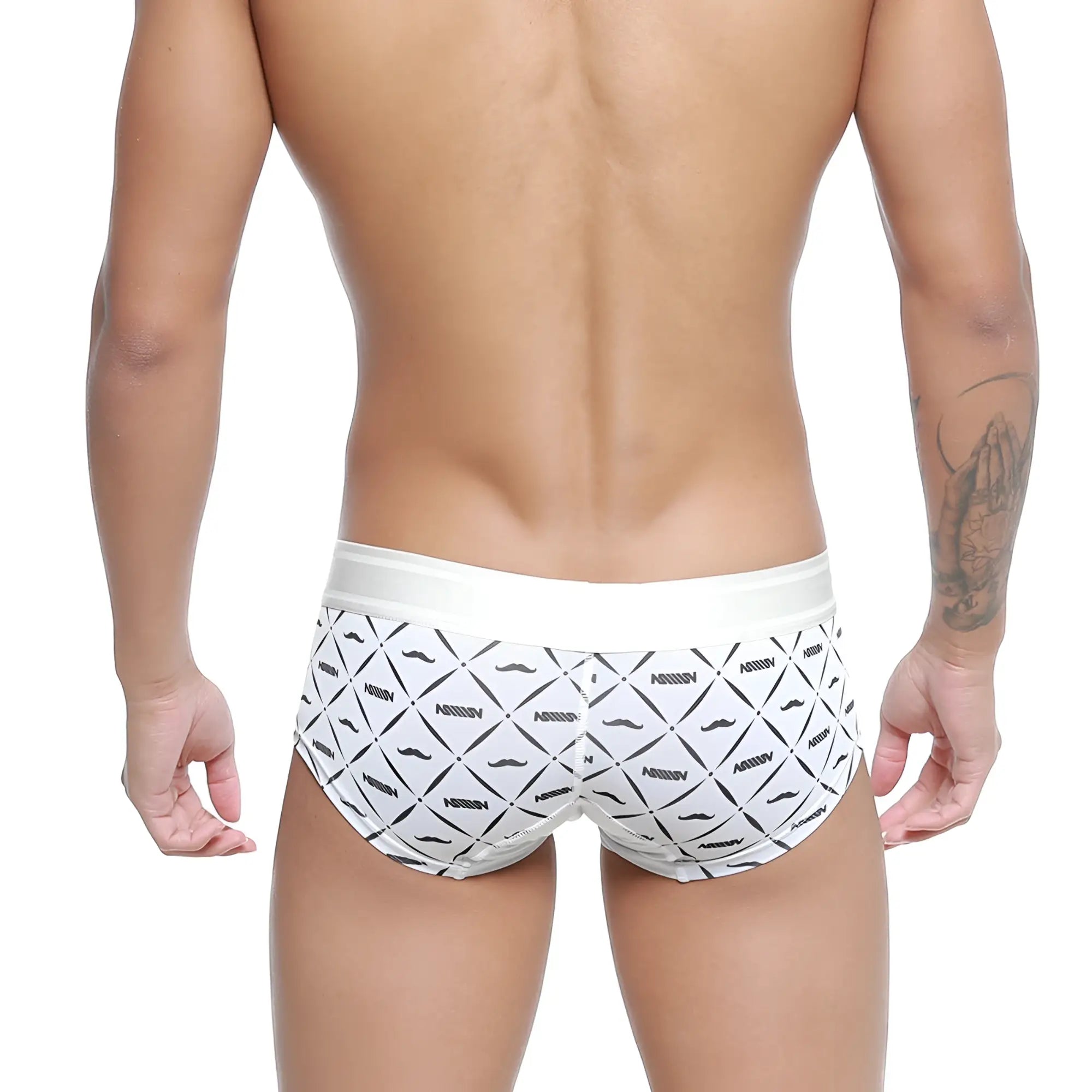 White briefs with black geometric mustache pattern and nassim branding metroMalewear micro mini boxer caballero 7013-04