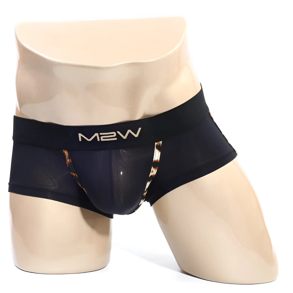 Black m2w men’s briefs metroMalewear micro mini boxer cheetah 7013-47 with leopard print trim and sheer mesh front panel