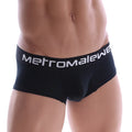 Black men’s briefs with white metromalewear logo on waistband metro-male micro mini boxer core black 7013-20