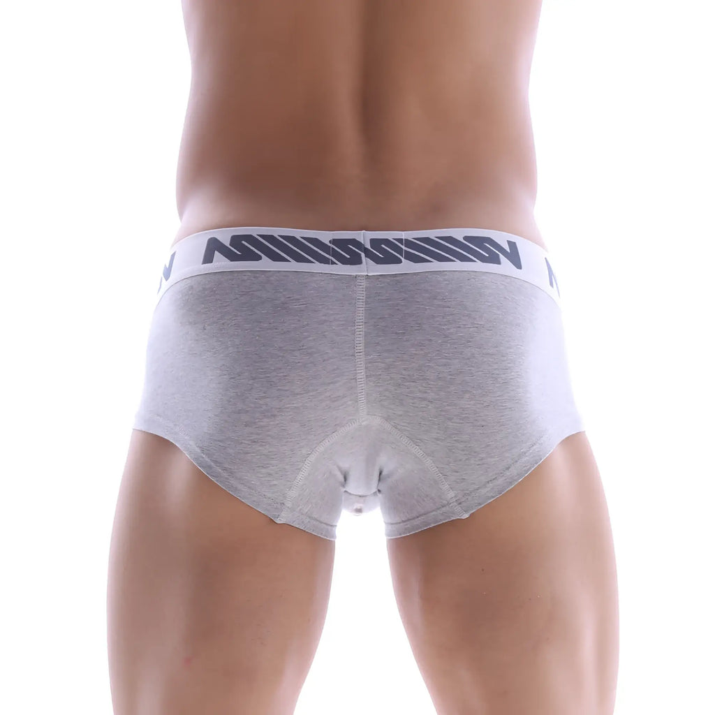 MetroMaleWear micro mini boxer briefs in core grey heather with white elastic waistband and dark gray lettering