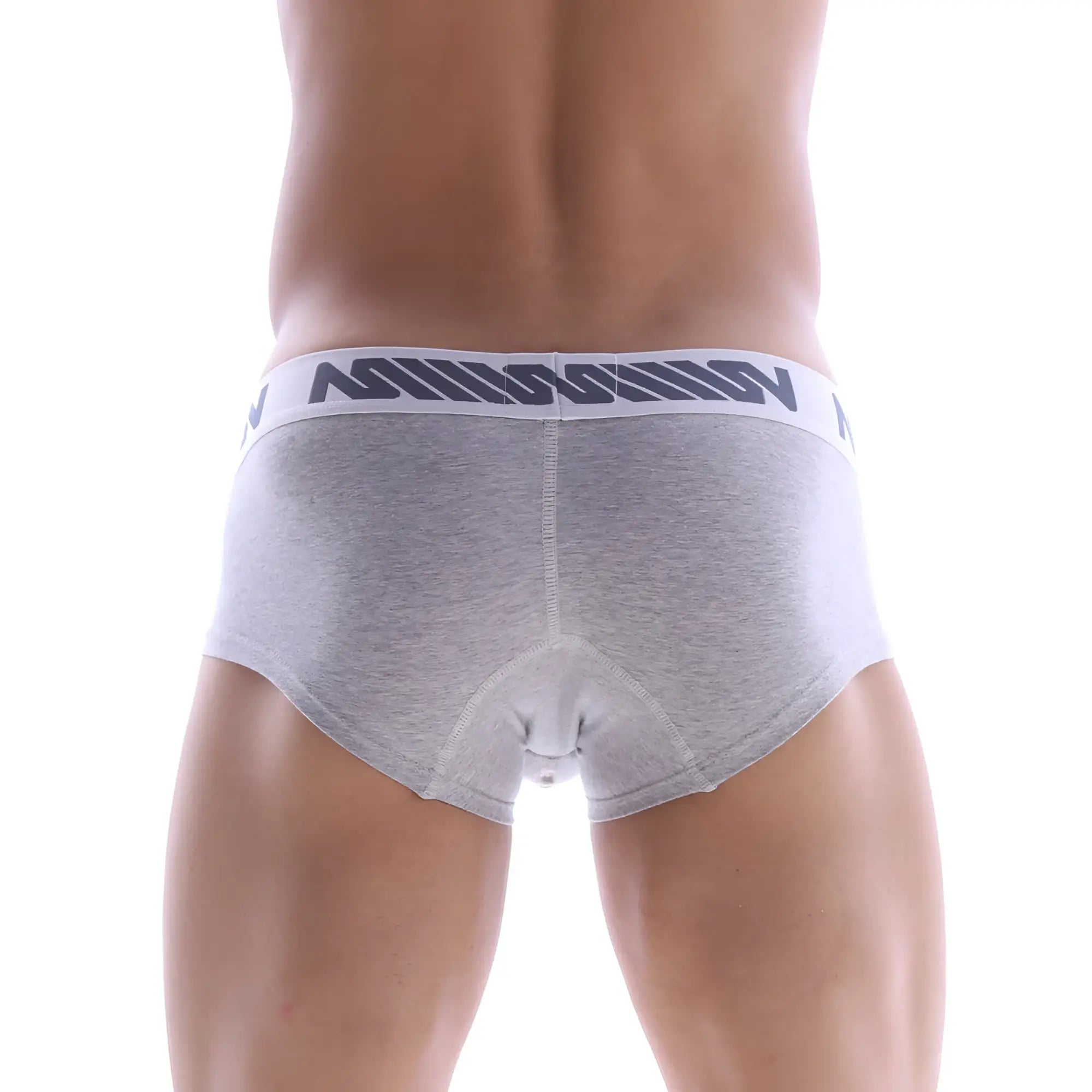 MetroMaleWear micro mini boxer briefs in core grey heather with white elastic waistband and dark gray lettering