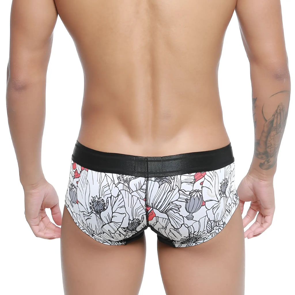 White metro male wear micro mini boxer escobar 7013-03 with black waistband and gray white red poppy floral pattern