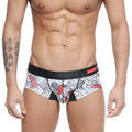 White briefs metroMalewear micro mini boxer escobar 7013-03 with bold red and black floral pattern and black waistband