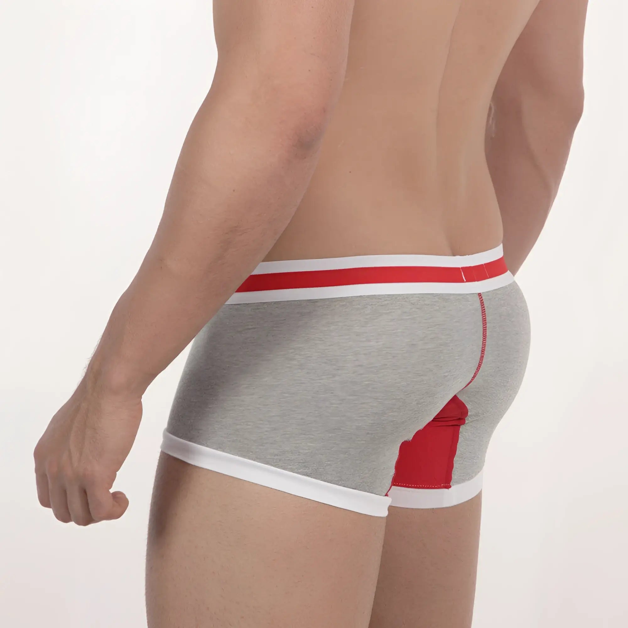 Metro male wear micro mini boxer briefs in gray heather with red and white trim and a bold red side panel