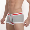 Metro male wear micro mini boxer briefs in gray heathered fabric with red and white striped waistband and logo patch