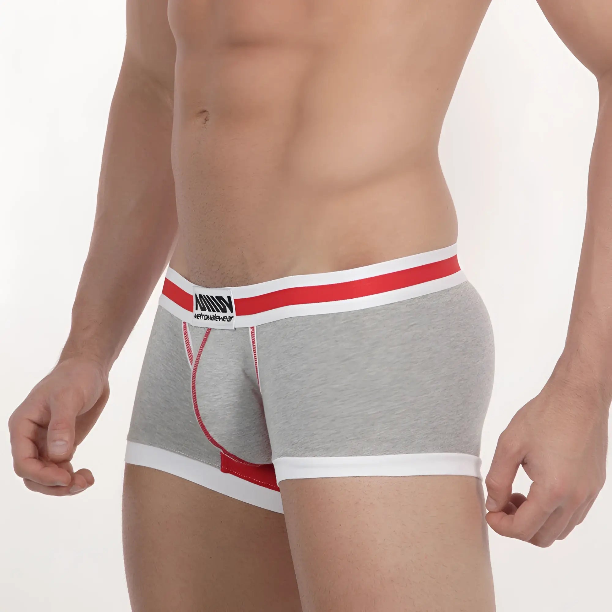 Metro male wear micro mini boxer briefs in gray heathered fabric with red and white striped waistband and logo patch