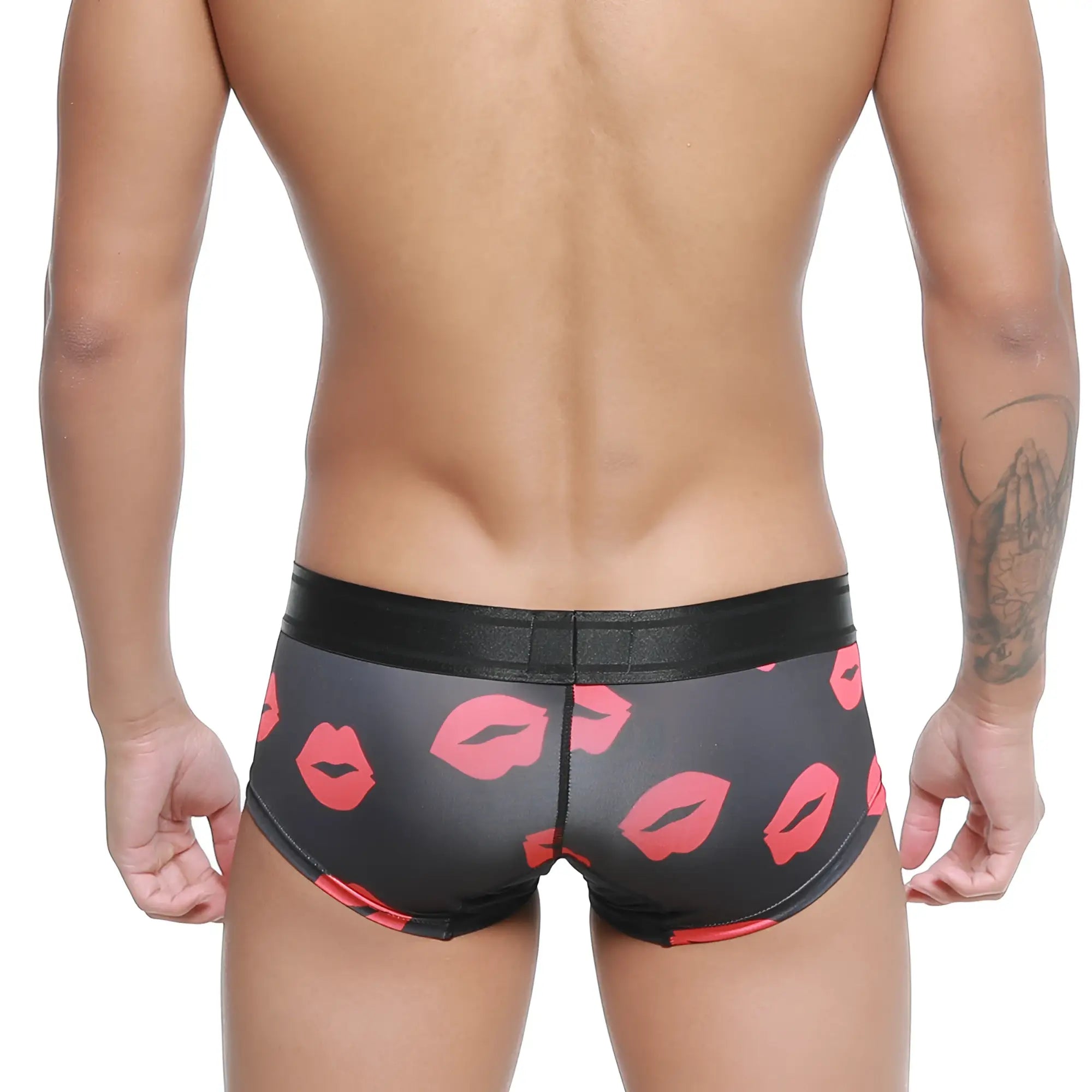 Black briefs MetroMaleWear micro mini boxer kiss 7013-36 with bold red lipstick print and shiny black waistband
