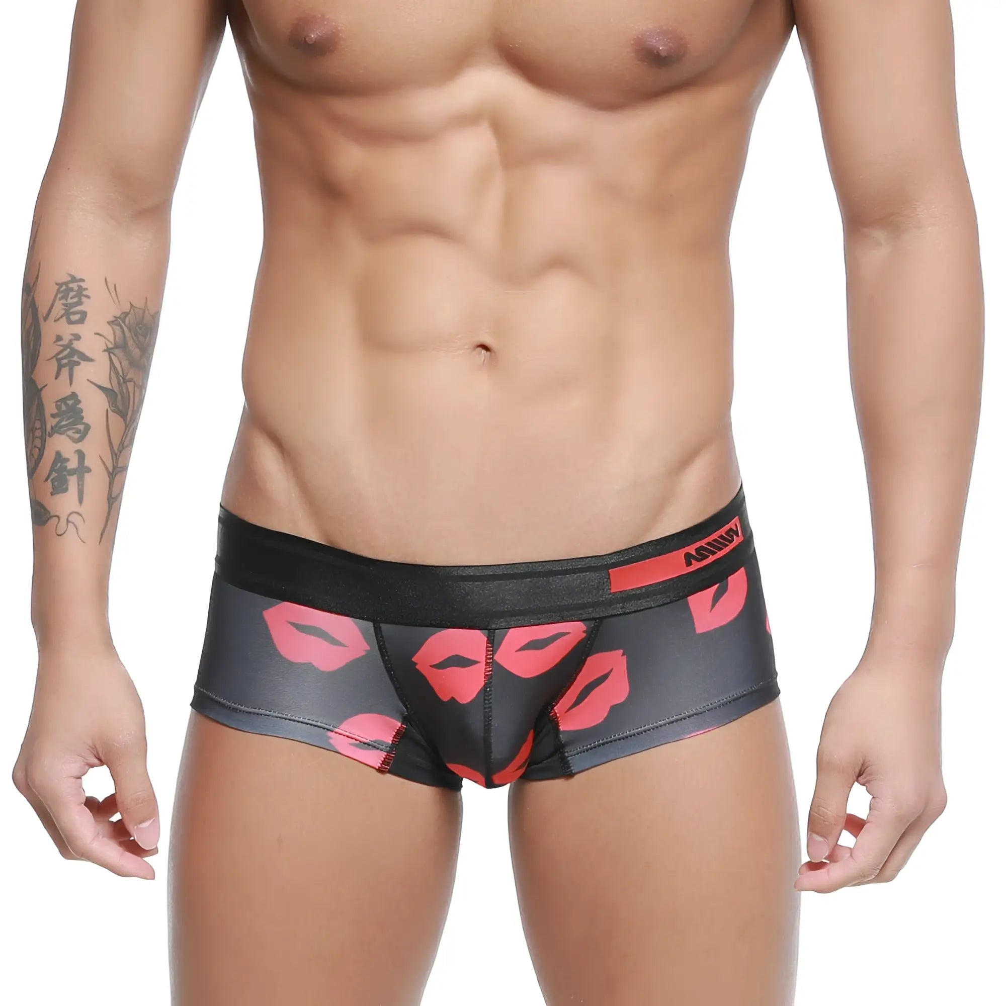 Black MetroMaleWear micro mini boxer briefs with bold red lipstick print and anony branded waistband