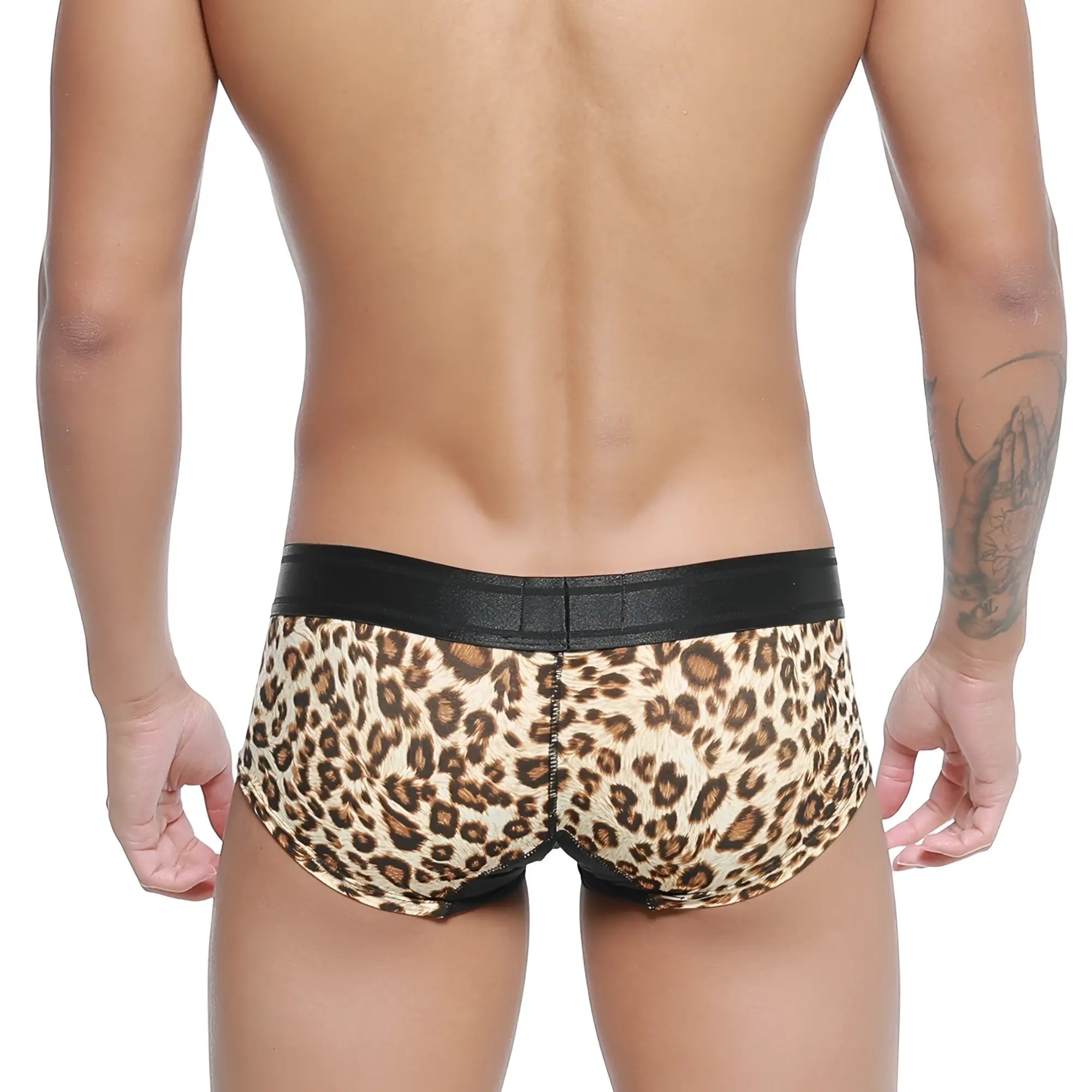 Leopard-print micro mini boxer briefs with black elastic waistband from metromalewear model 7013-66