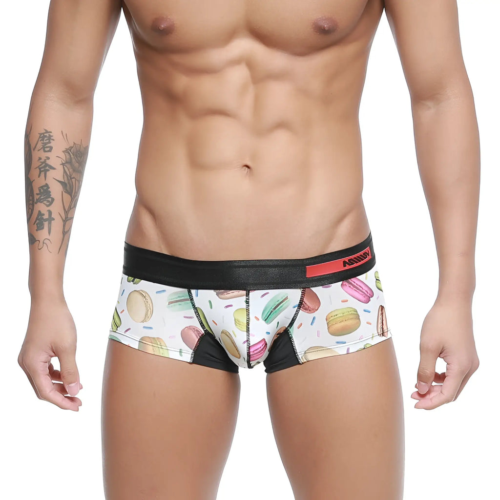 White briefs with colorful macaron and sprinkle pattern and black adidas logo waistband metroMaleWear micro mini boxer