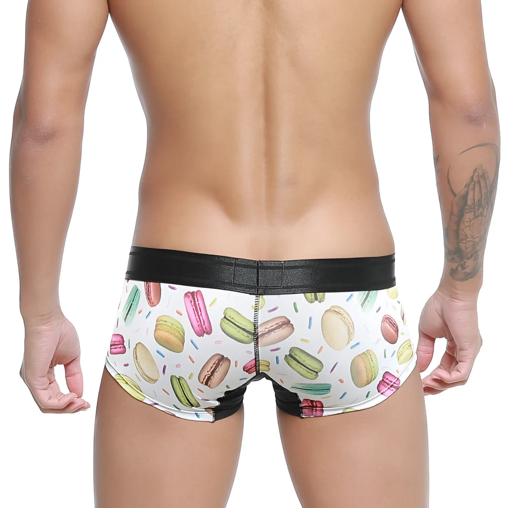 White briefs metro malewear micro mini boxer featuring colorful macaron and sprinkle pattern with black waistband