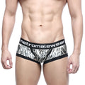 Black and silver zebra-print MetroMaleWear micro mini boxer briefs with a black elastic waistband featuring the logo