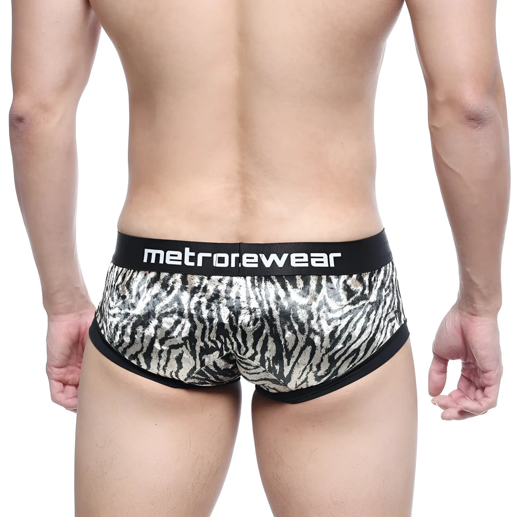 MetroMaleWear micro mini boxer briefs in black and silver zebra print with a black waistband featuring MetroMaleWear logo