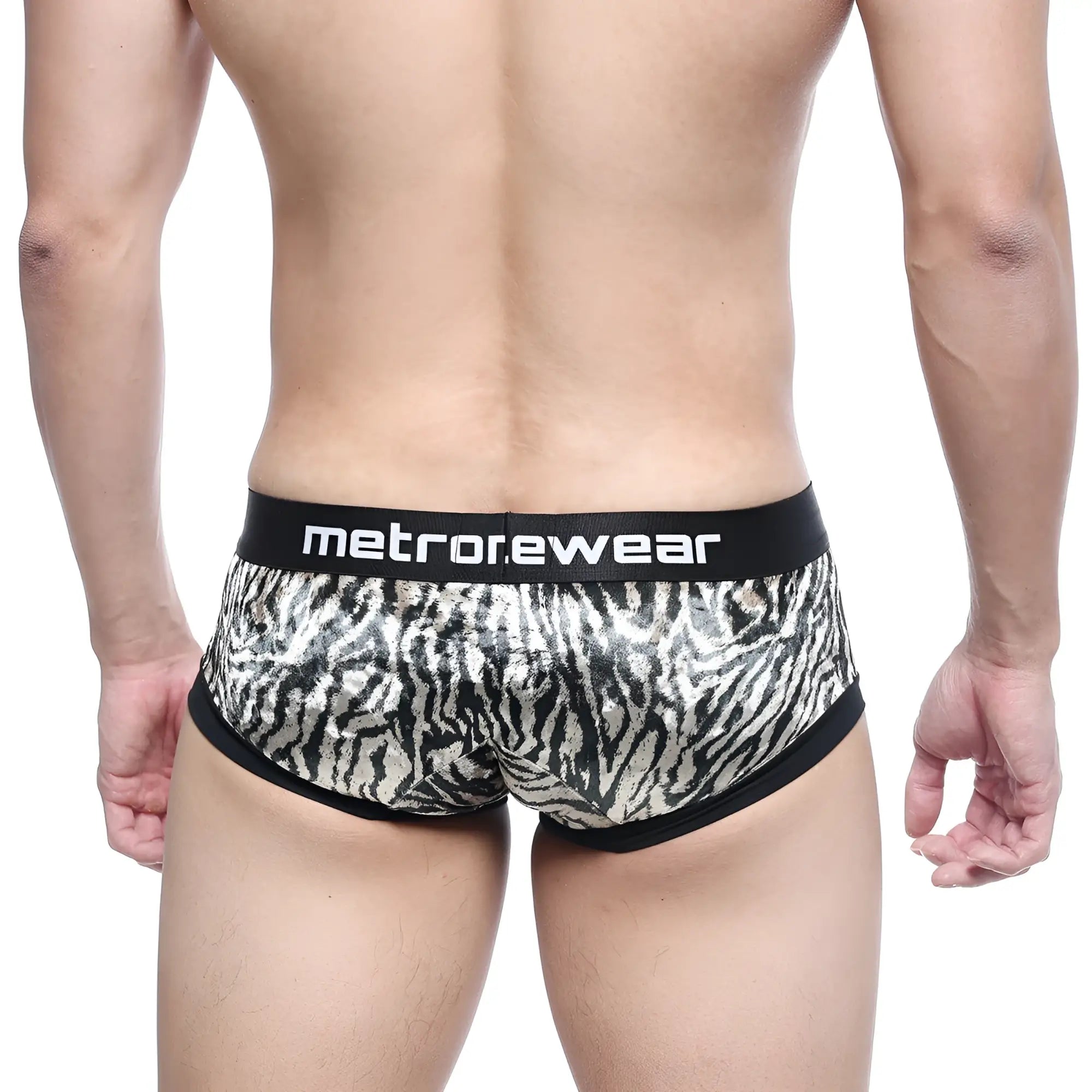 MetroMaleWear micro mini boxer briefs in black and silver zebra print with a black waistband featuring MetroMaleWear logo