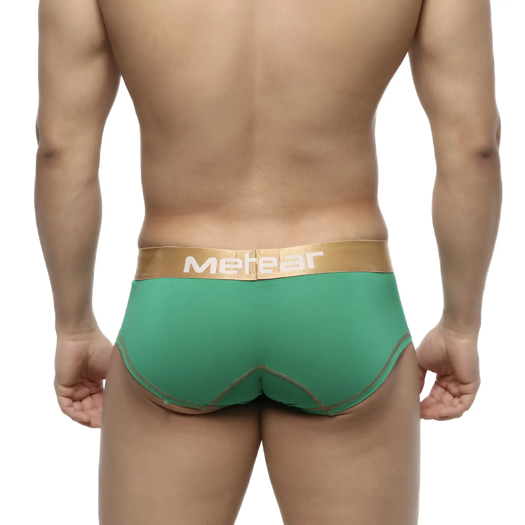 Green metear metro malewear micro mini boxer briefs in green with gold waistband and matching stitching front view