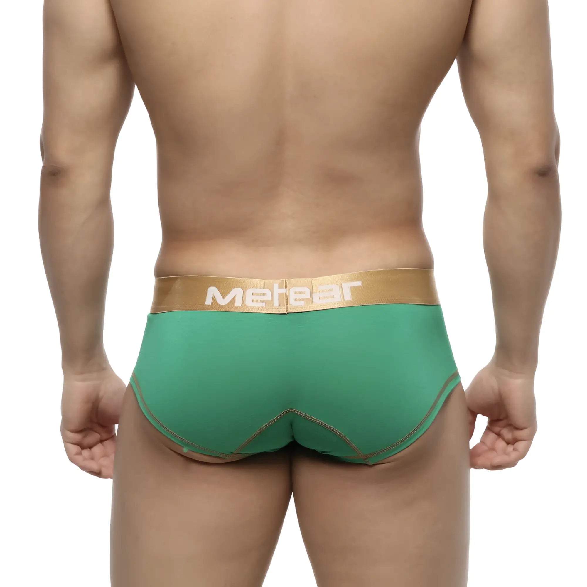 Green metear metro malewear micro mini boxer briefs in green with gold waistband and matching stitching front view