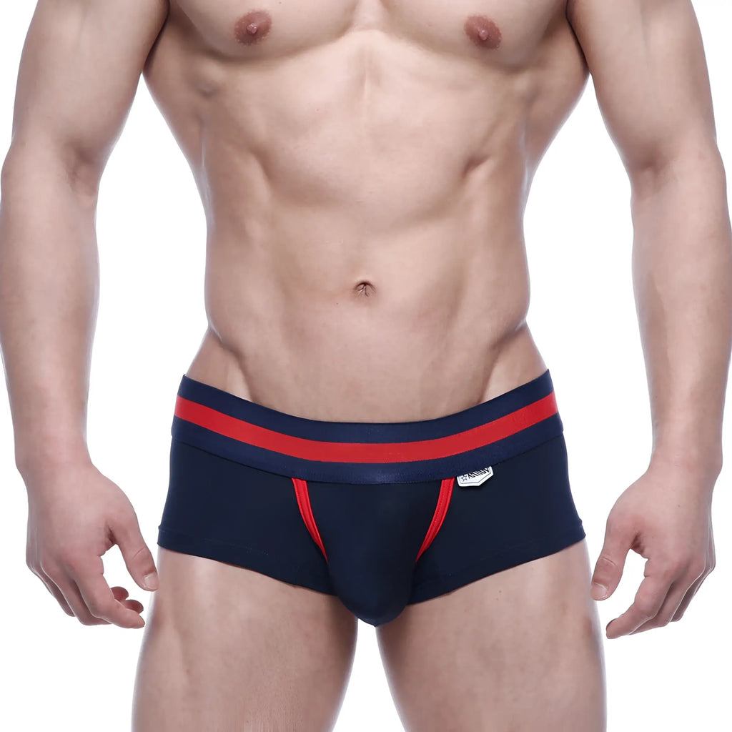 Navy blue MetroMaleWear Micro Mini Boxer briefs with red trim and a white logo on the waistband