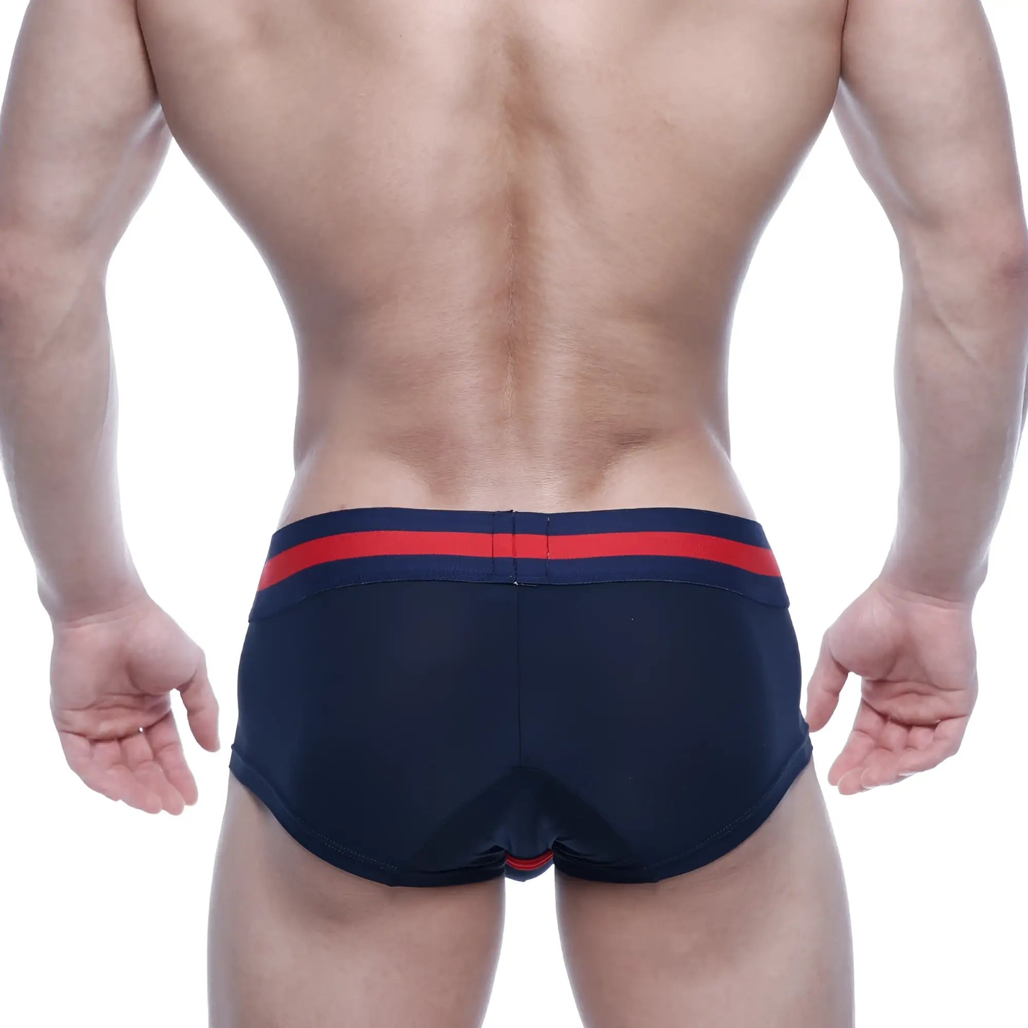 MetroMaleWear micro mini boxer navy swim trunks with red and navy striped waistband for comfortable wear