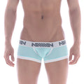 Light blue and white men’s briefs with a gray logo band from metromalewear micro mini boxer pastel green 7013-75