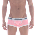 Pink men’s briefs with white waistband and gray miiiv logo and white trim metro male wear micro mini boxer pastel pink