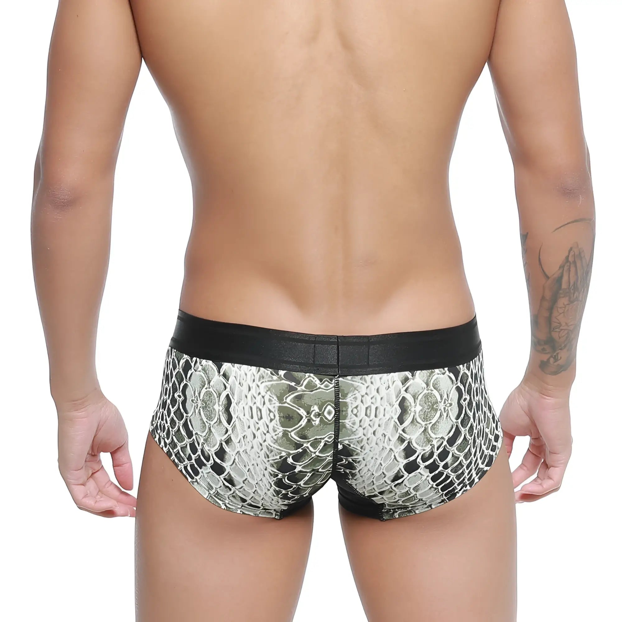 Black and silver patterned lace-trimmed micro mini boxer briefs with sleek modern design from MetroMaleWear python 7013-60