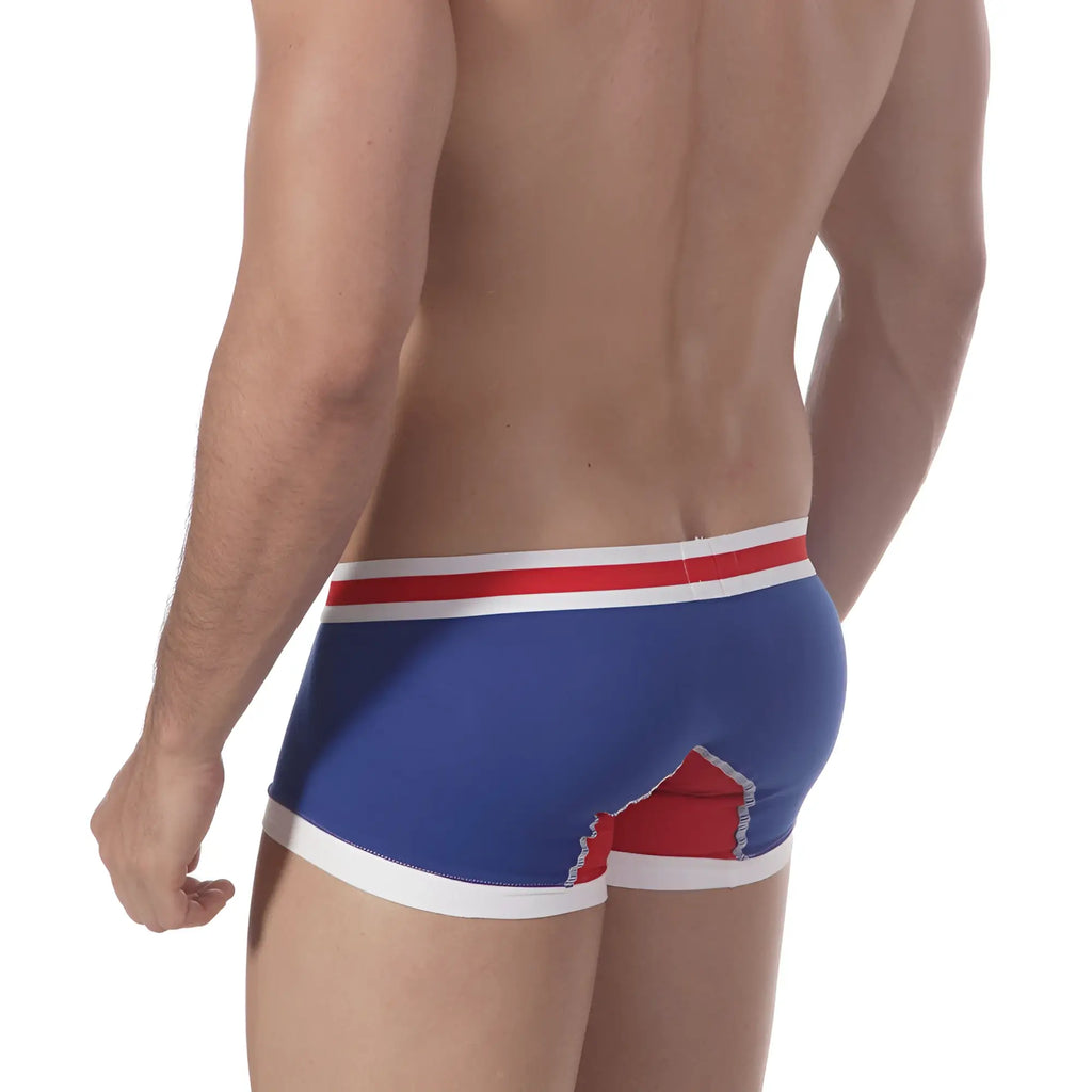 Blue men’s boxer briefs with red and white trim showing bold graphic design on the back metroMaleWear micro mini boxer royal 7013-18