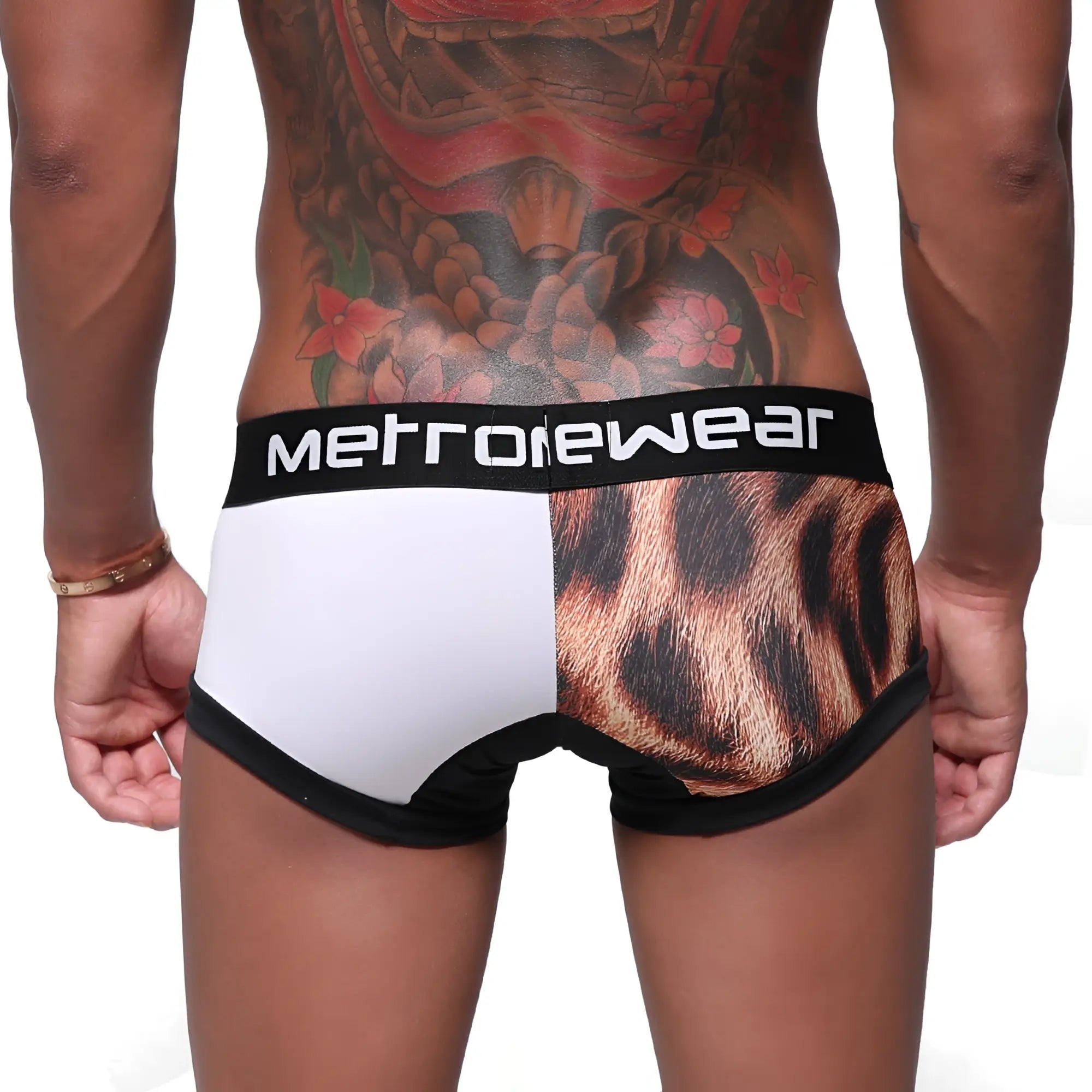 Metrowear mens briefs with bold two-tone design white and brown leopard print black trim metro malewear micro mini boxer siberia 7013-78