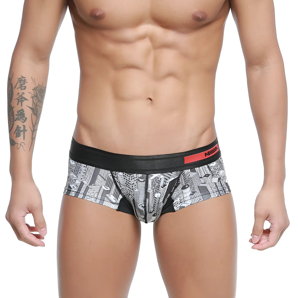 Black and white cityscape patterned mens briefs with red metro malewear logo on waistband metro malewear micro mini boxer skyscraper 7013-48