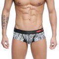 Black and white cityscape patterned mens briefs with red metro malewear logo on waistband metro malewear micro mini boxer skyscraper 7013-48