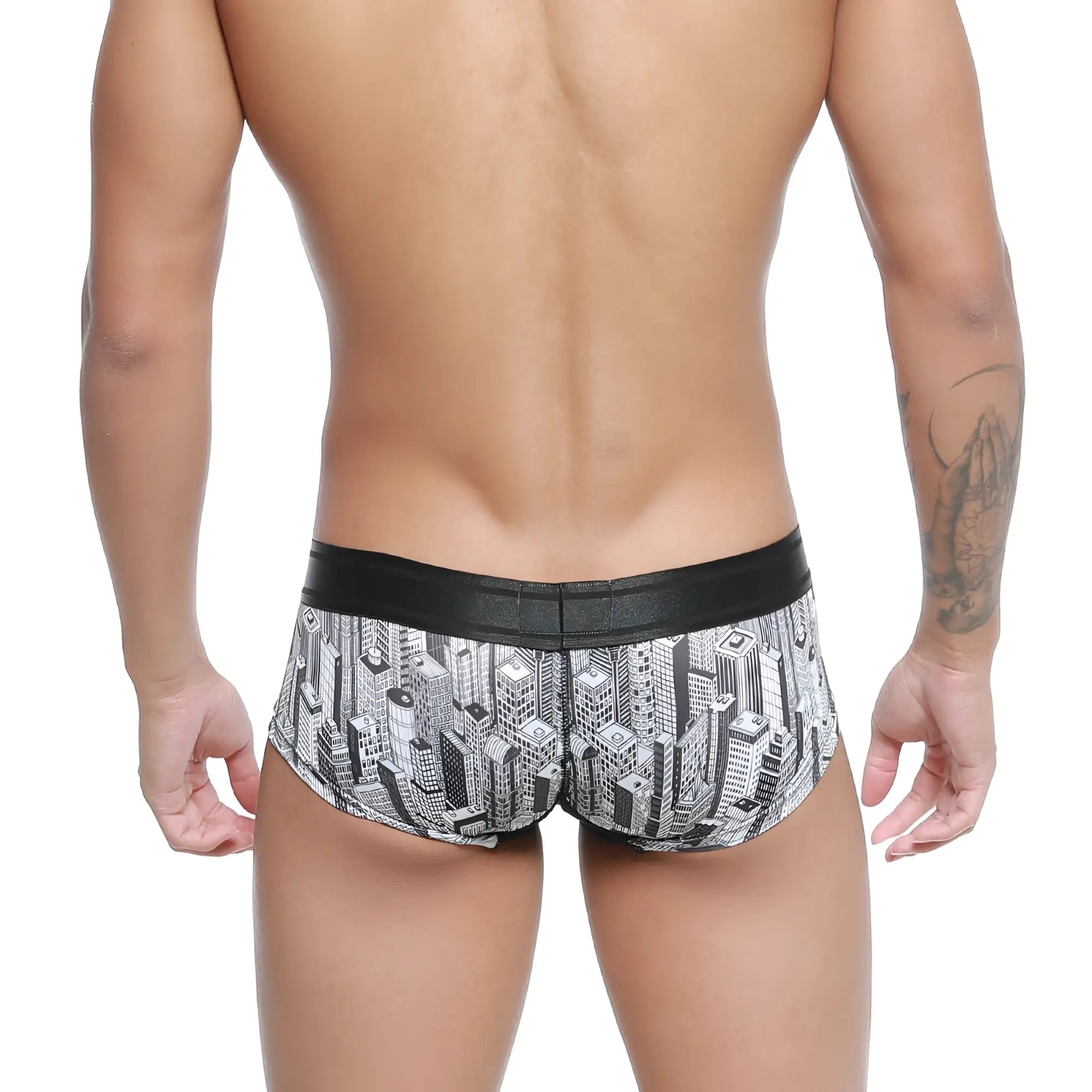 MetroMaleWear micro mini boxer briefs with black and white cityscape pattern and black elastic waistband