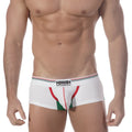 White men’s briefs metro male wear micro mini boxer white 7013-00 with red green accents striped waistband aquaven logo