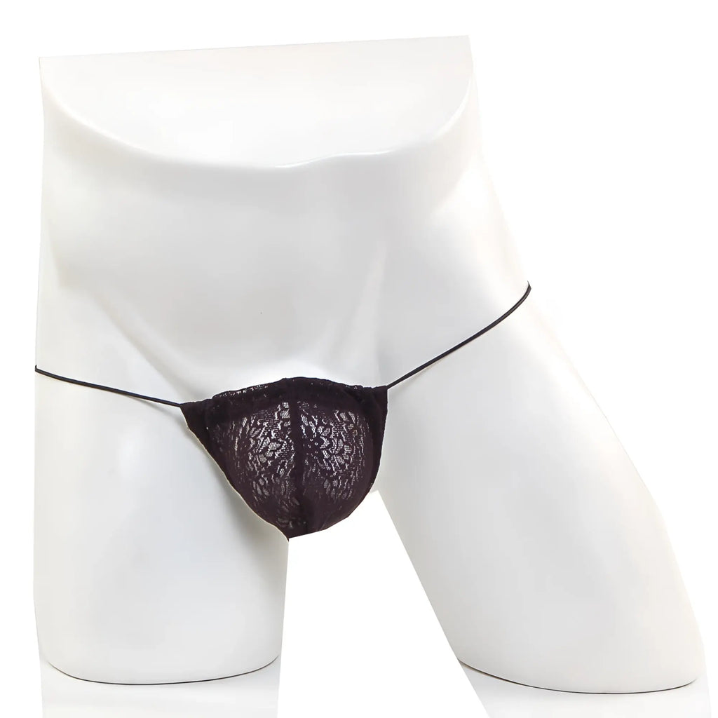 Black lace thong with thin elastic straps made of microfiber from metromalewear model 2015-48 in black