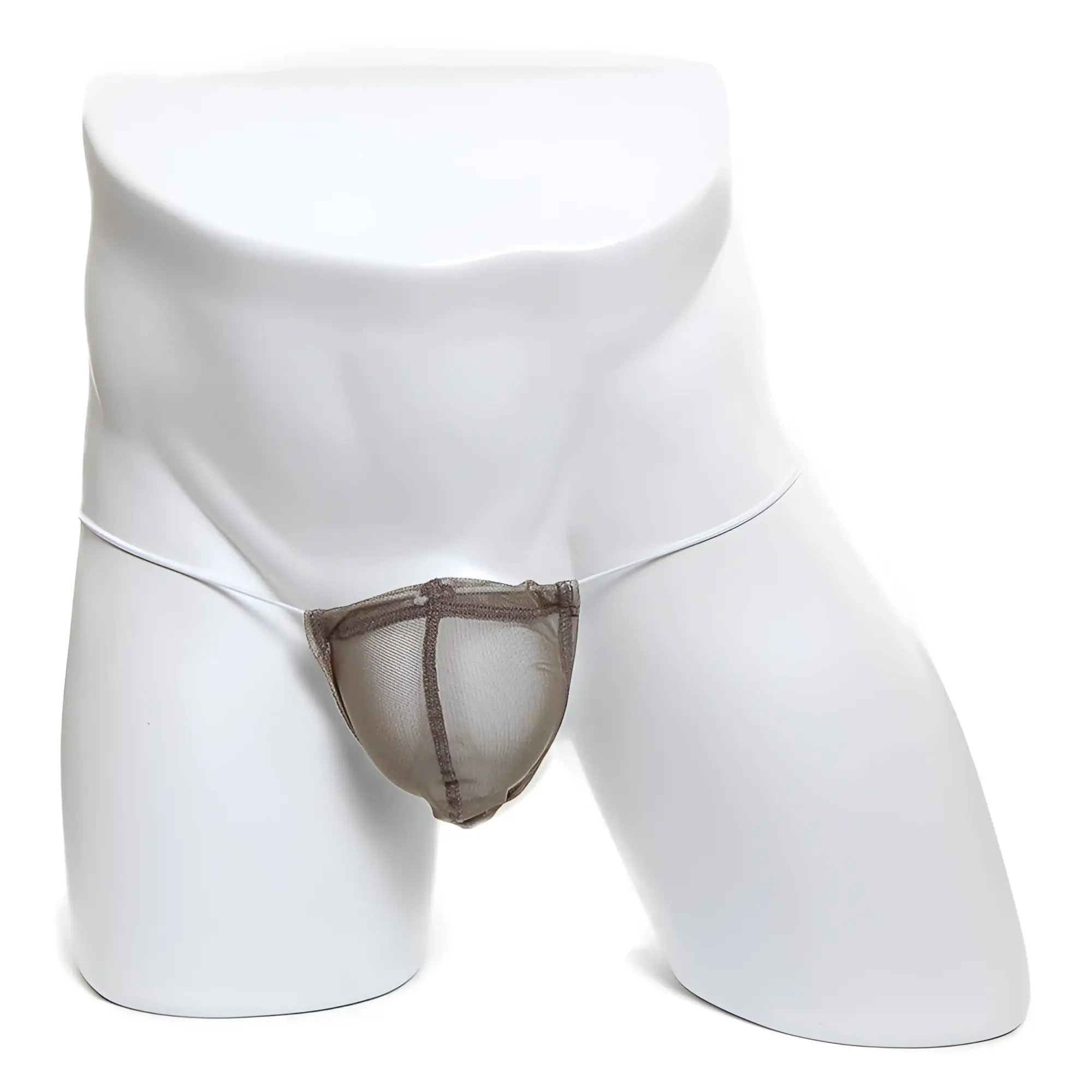 Taupe microfiber mesh thong with dark brown reinforced trim along edges and waistband from metromalewear g khaki 2015-48