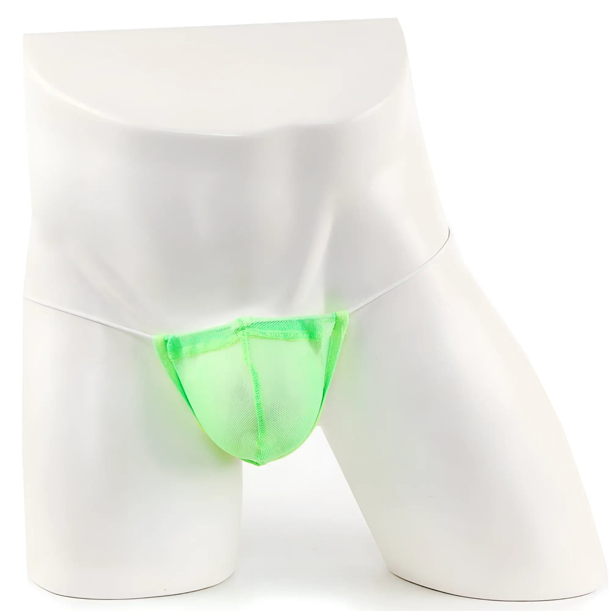 Bright neon green microfiber mesh briefs on white mannequin metro malewear microfiberglass lime mesh 2015-40