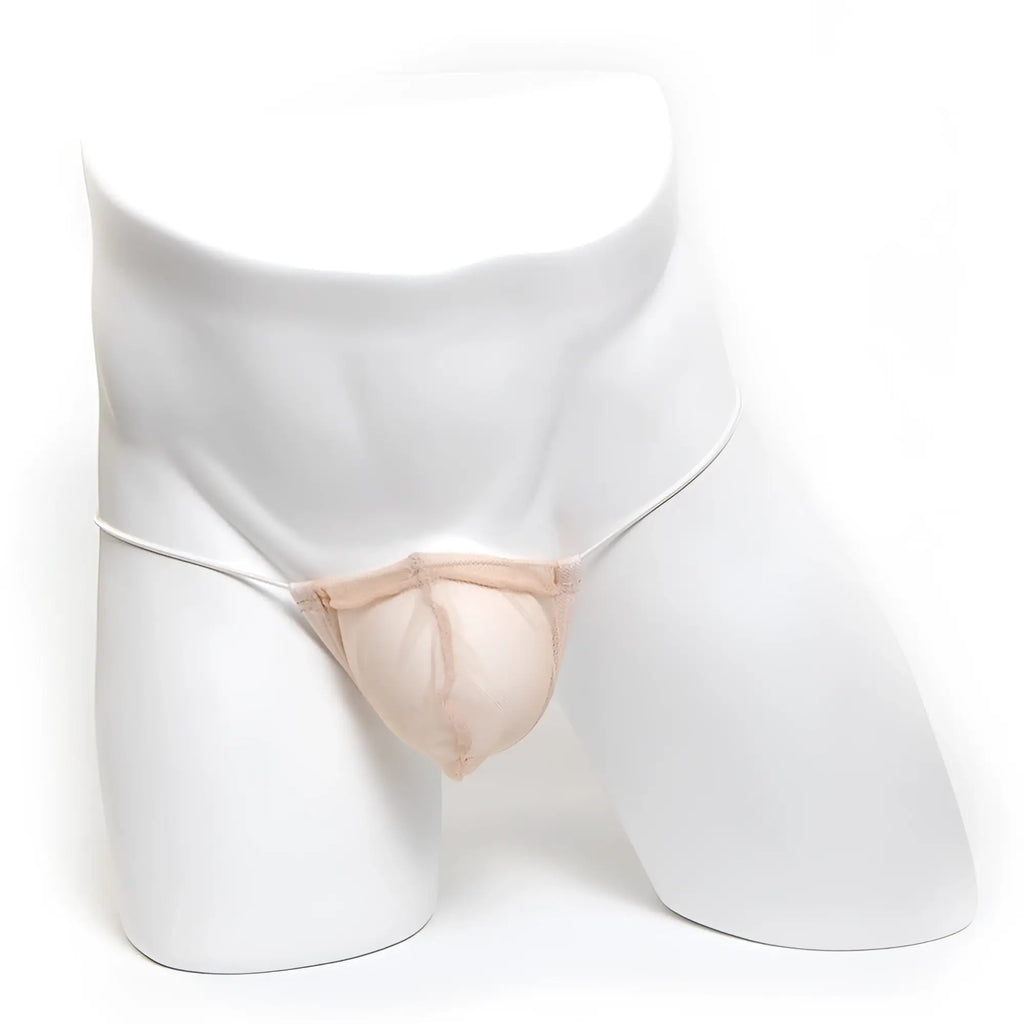 Beige mesh microfiber thong with thin white elastic straps from MetroMaleWear G Nude 2015-01 collection