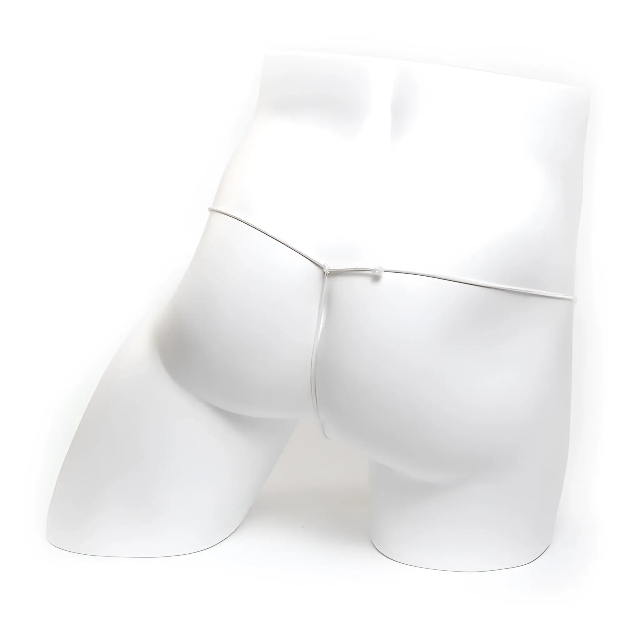 Silver metal chain belt worn around the waist of a white mannequin in metromalewear microfiber g nude 2015-01 product