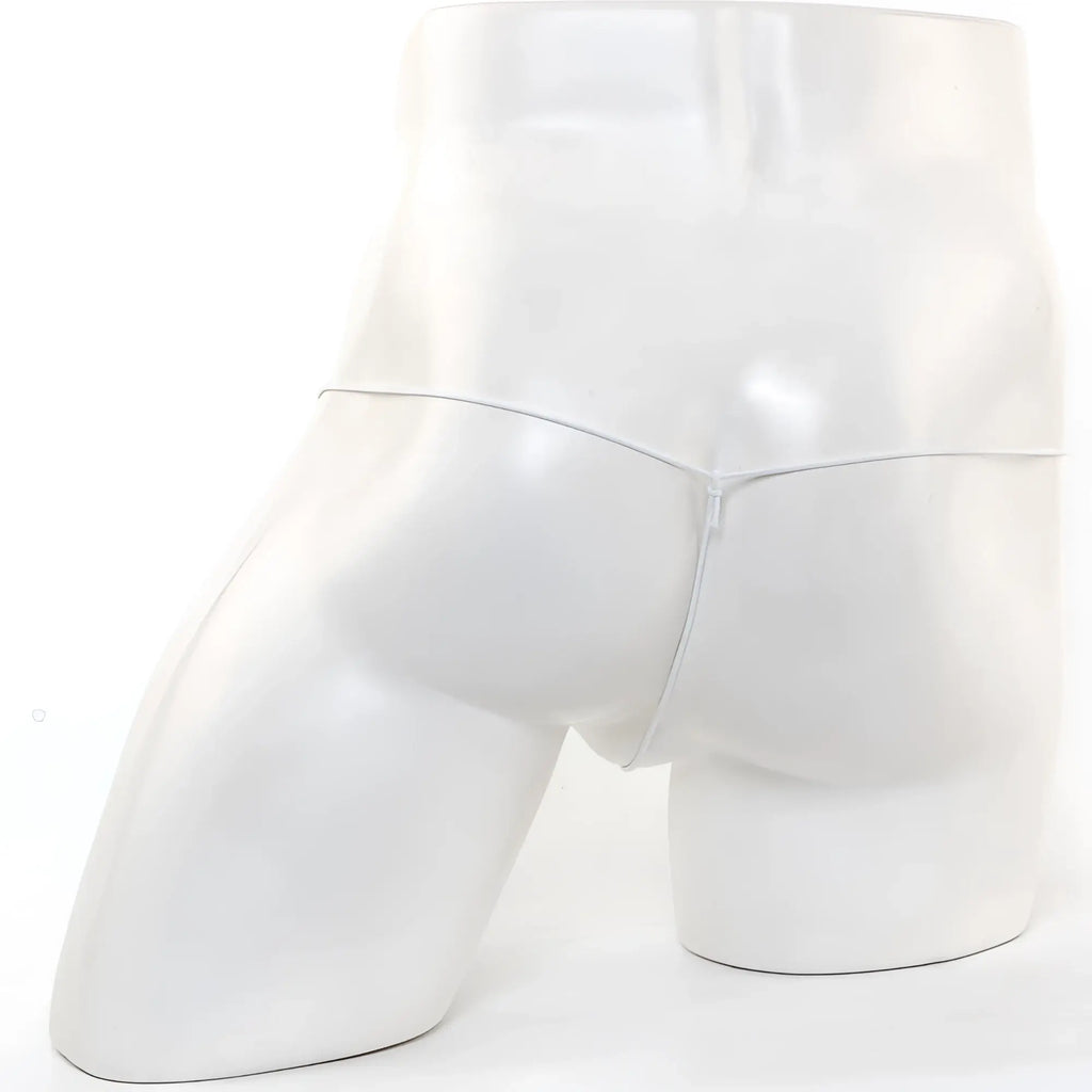 White glossy mannequin torso wearing white microfiber briefs with a thin center zipper from metroMaleWear 2015-41