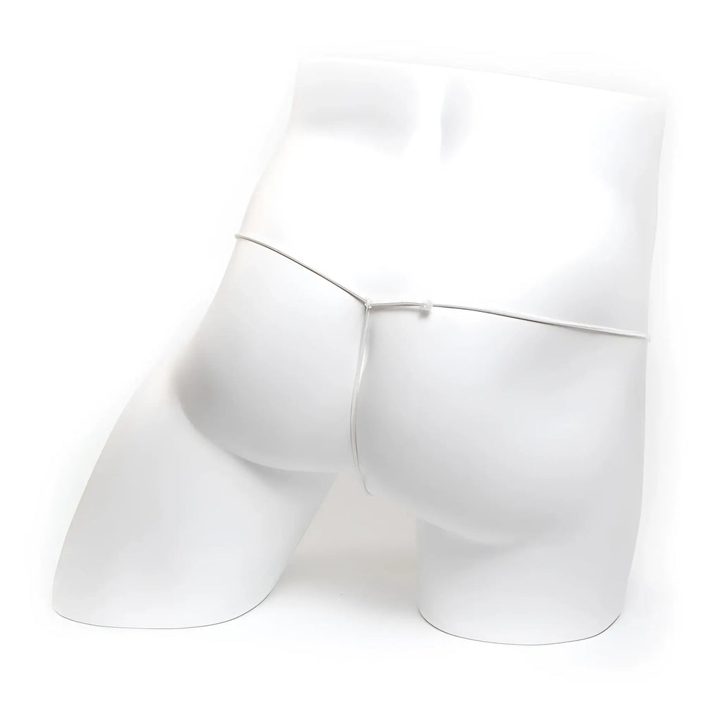 Silver metal chain belt worn around the waist of a white mannequin metro malewear microfiber g skin 2015-05