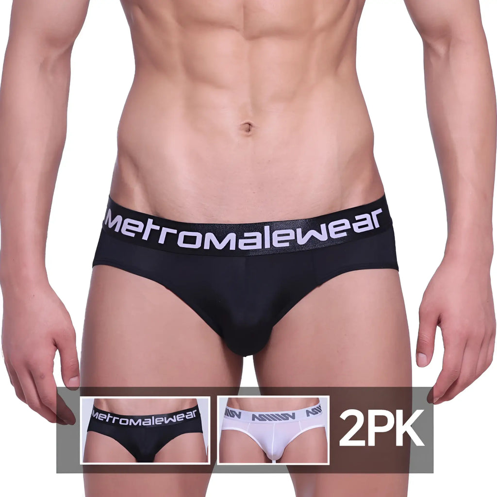 Black men’s microfiber briefs in a 2pk with a white metromalewear logo on the waistband